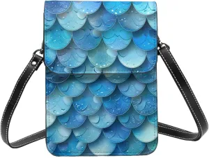 mermaid fish scales underwater oceanic blue Leather Small Crossbody Bags for Women Cell Phone Bag Wallet Purses with Adjustable Strap