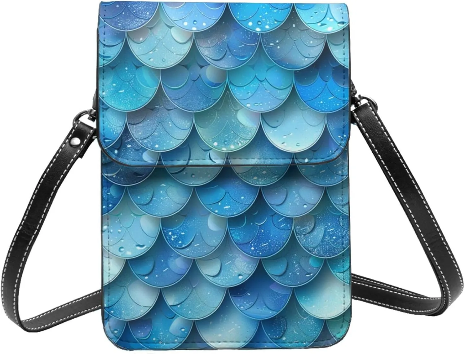 mermaid fish scales underwater oceanic blue Leather Small Crossbody Bags for Women Cell Phone Bag Wallet Purses with Adjustable Strap