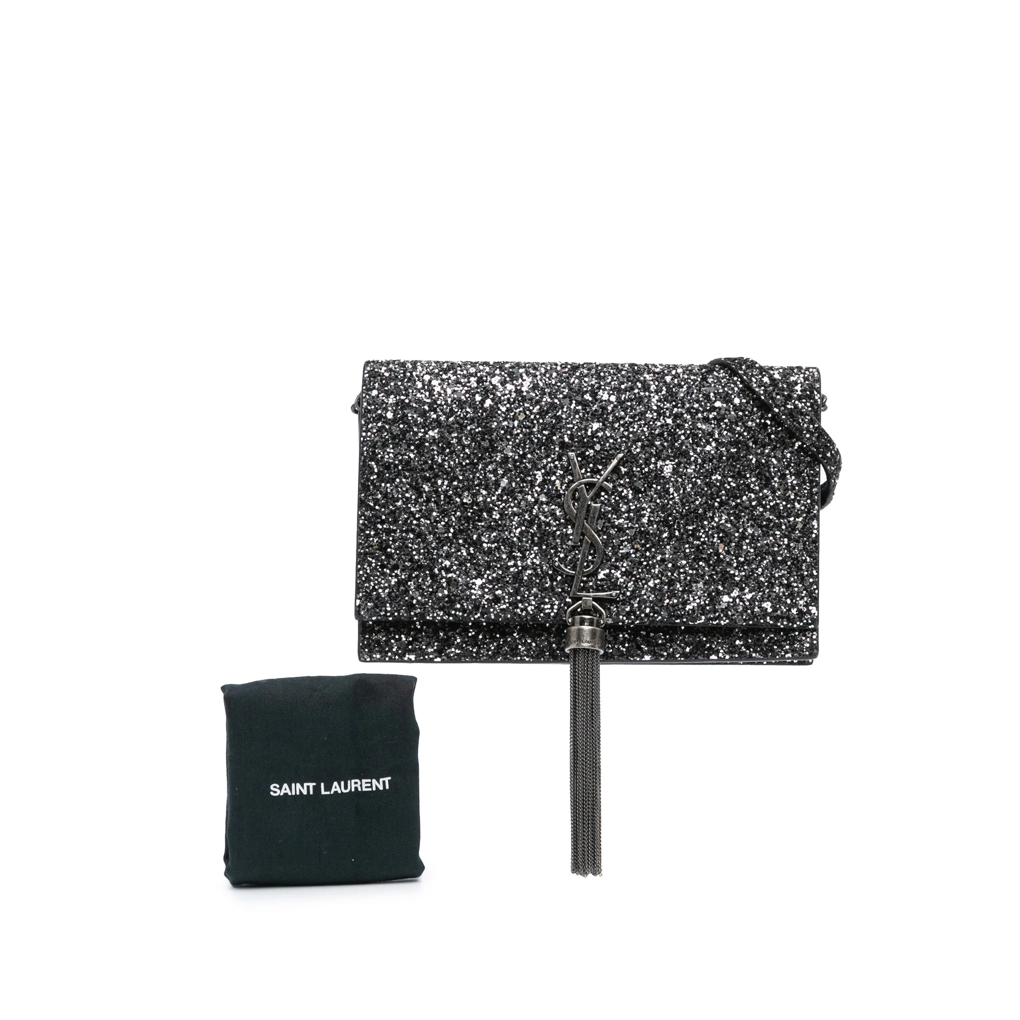 Metallic Glitter Monogram Kate Tassel Chain Wallet