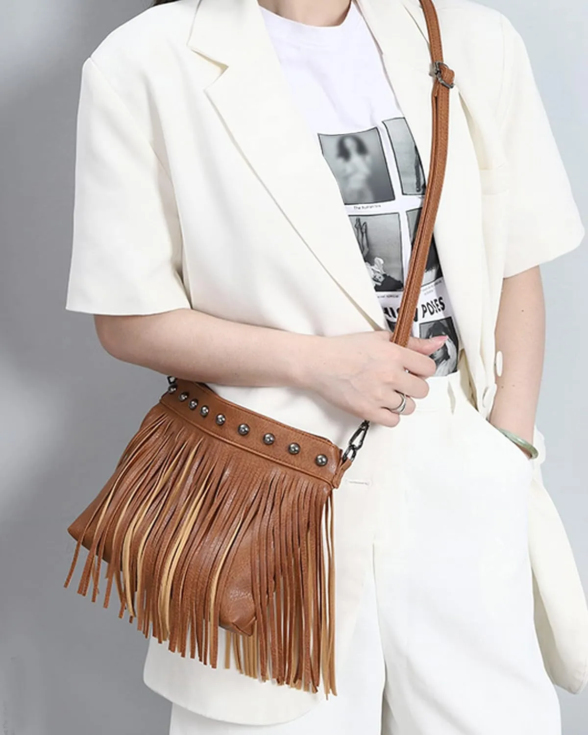 Minache Women Girls Fringe Crossbody Shoulder Bag Personality Rivet Tassel Messenger Handbag