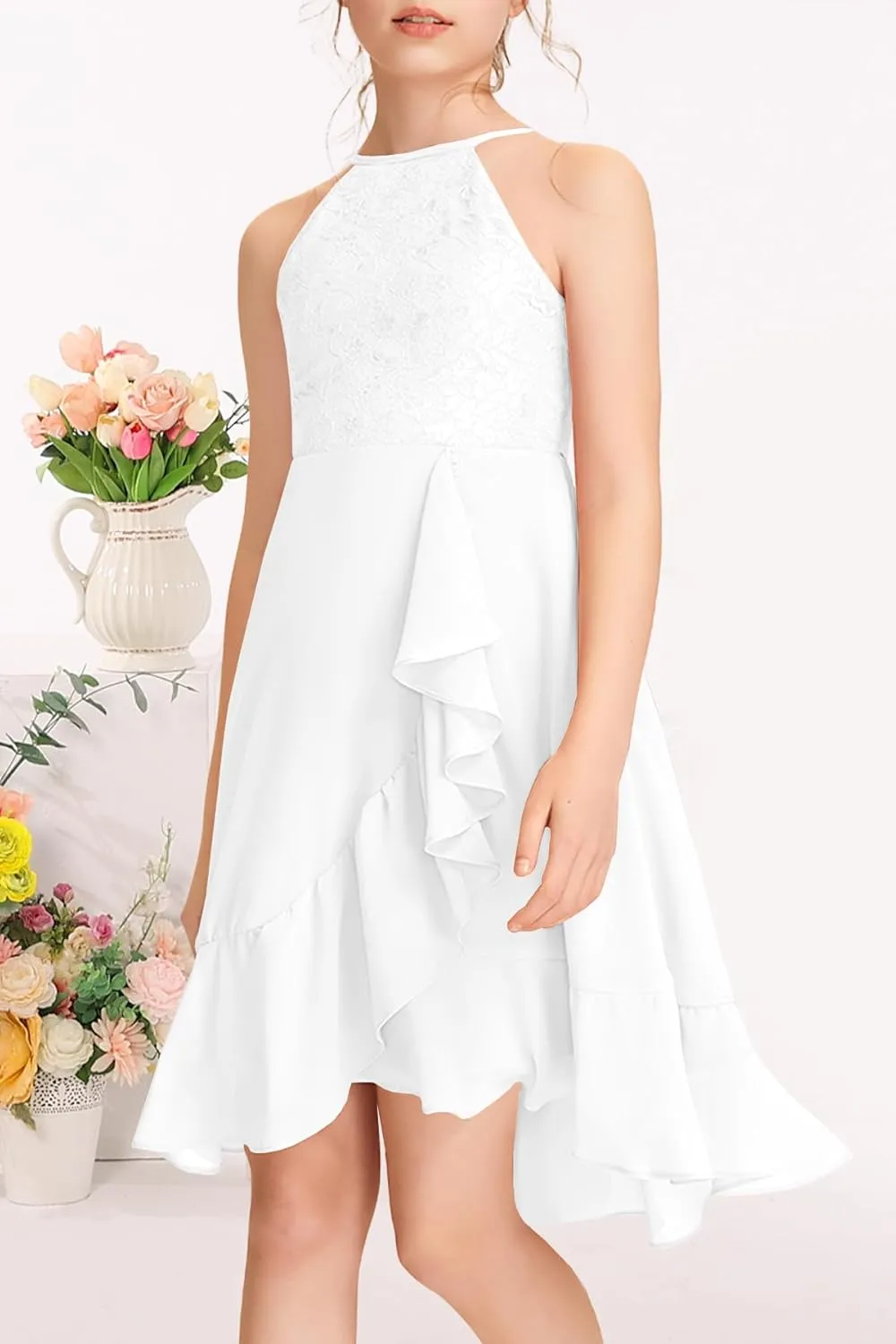 MITILLY Girls Lace Flower Ruffle Dress Chiffon Halter A Line High Low Flowy Junior Bridesmaid Dresses for Wedding Party
