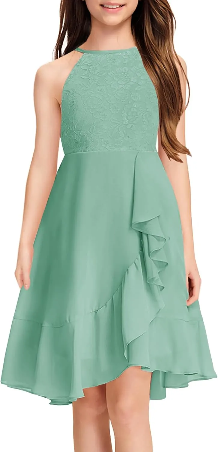 MITILLY Girls Lace Flower Ruffle Dress Chiffon Halter A Line High Low Flowy Junior Bridesmaid Dresses for Wedding Party