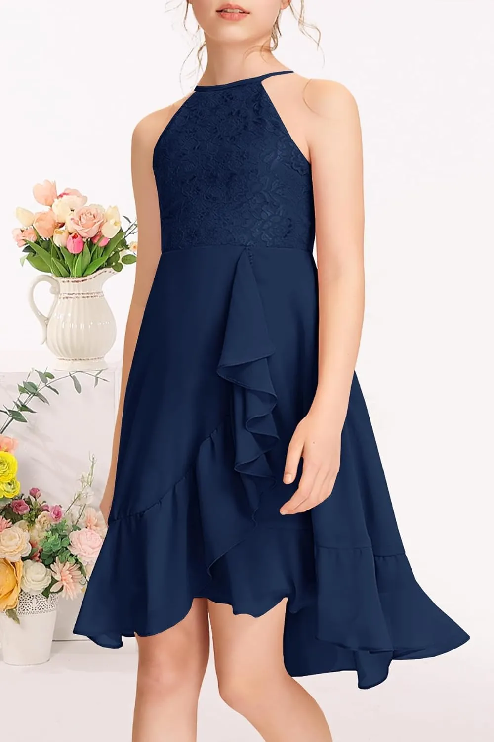 MITILLY Girls Lace Flower Ruffle Dress Chiffon Halter A Line High Low Flowy Junior Bridesmaid Dresses for Wedding Party