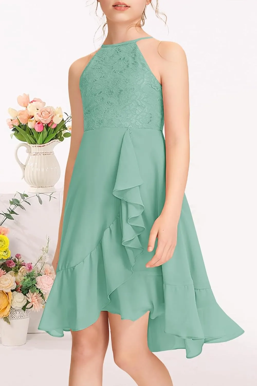 MITILLY Girls Lace Flower Ruffle Dress Chiffon Halter A Line High Low Flowy Junior Bridesmaid Dresses for Wedding Party