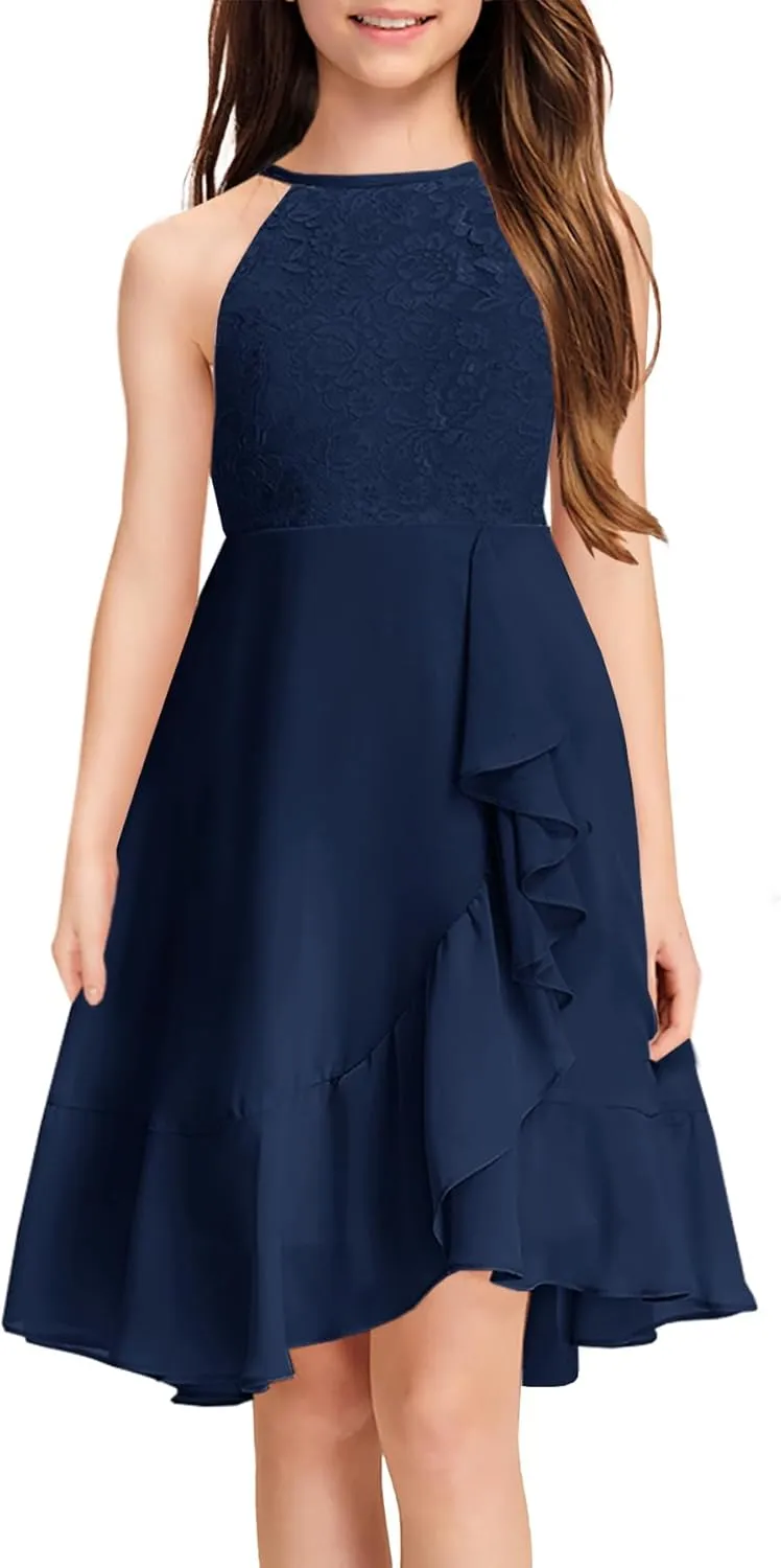 MITILLY Girls Lace Flower Ruffle Dress Chiffon Halter A Line High Low Flowy Junior Bridesmaid Dresses for Wedding Party