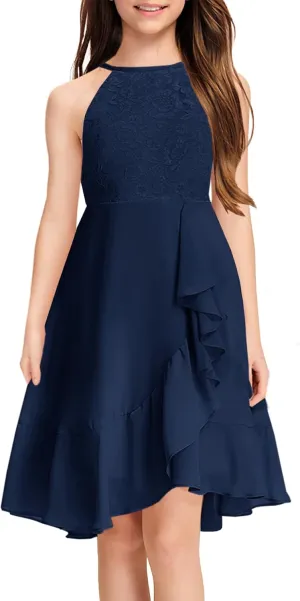 MITILLY Girls Lace Flower Ruffle Dress Chiffon Halter A Line High Low Flowy Junior Bridesmaid Dresses for Wedding Party