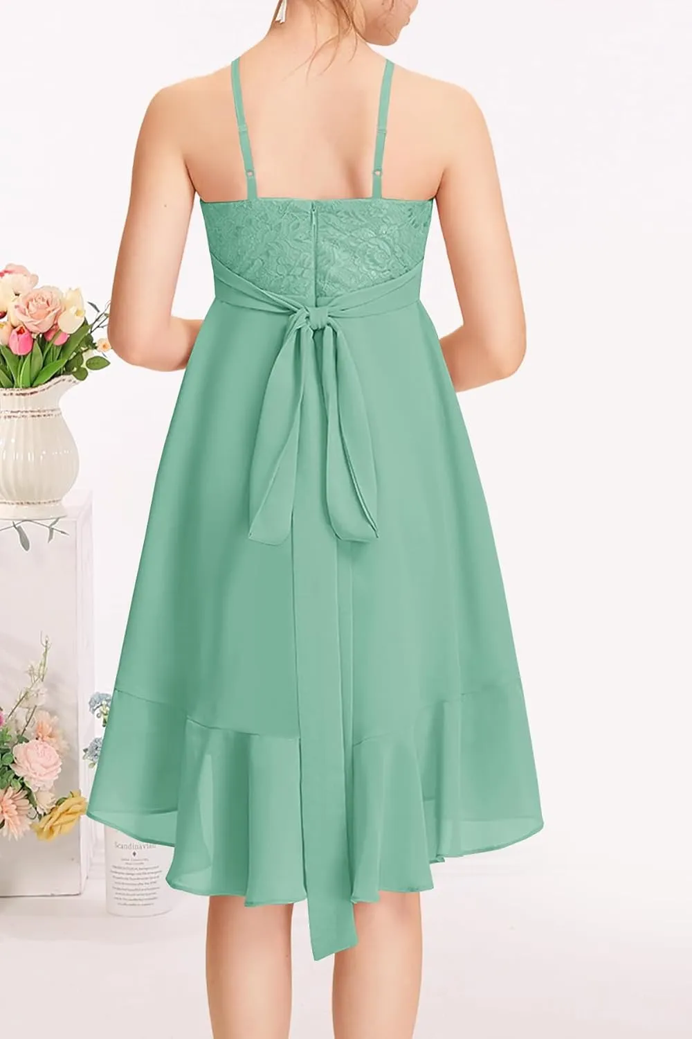 MITILLY Girls Lace Flower Ruffle Dress Chiffon Halter A Line High Low Flowy Junior Bridesmaid Dresses for Wedding Party