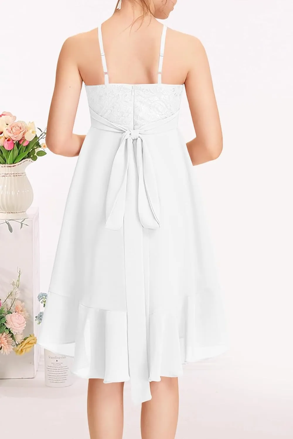 MITILLY Girls Lace Flower Ruffle Dress Chiffon Halter A Line High Low Flowy Junior Bridesmaid Dresses for Wedding Party