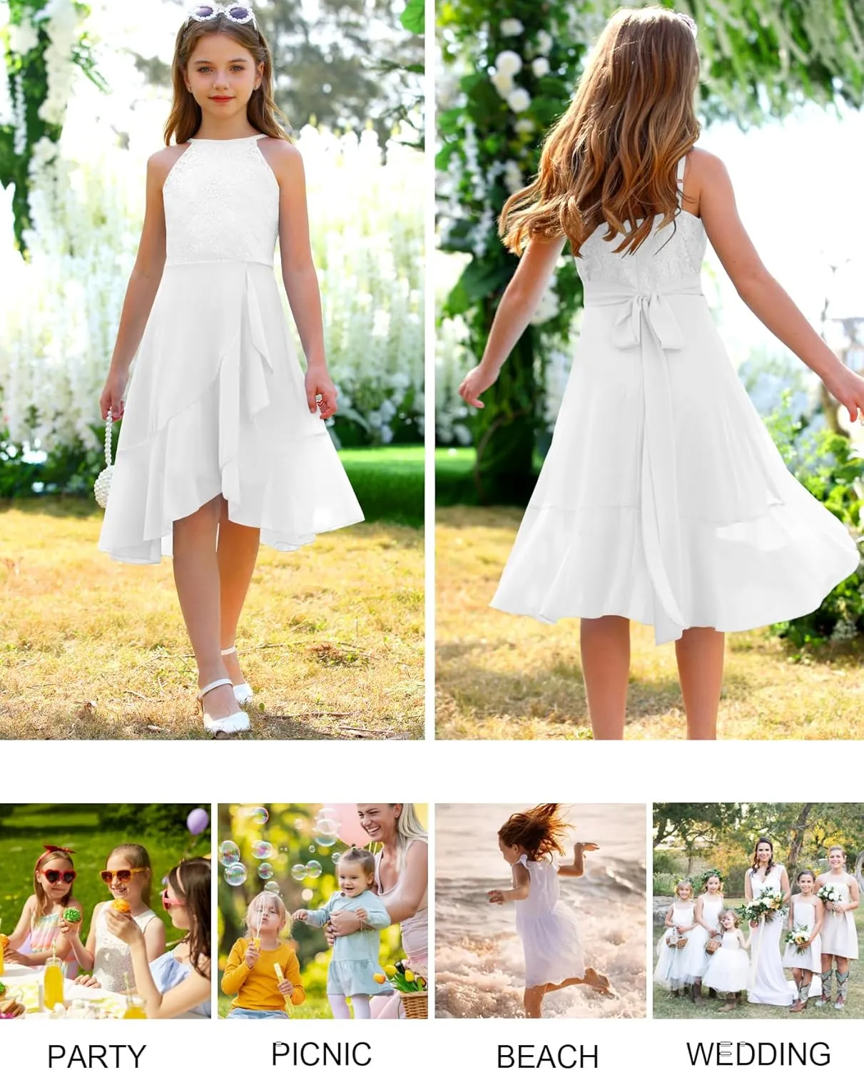 MITILLY Girls Lace Flower Ruffle Dress Chiffon Halter A Line High Low Flowy Junior Bridesmaid Dresses for Wedding Party
