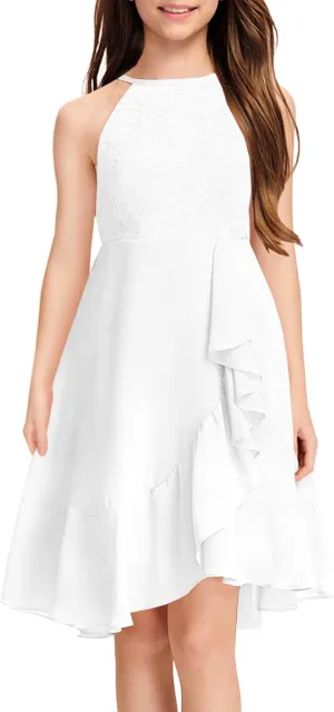 MITILLY Girls Lace Flower Ruffle Dress Chiffon Halter A Line High Low Flowy Junior Bridesmaid Dresses for Wedding Party