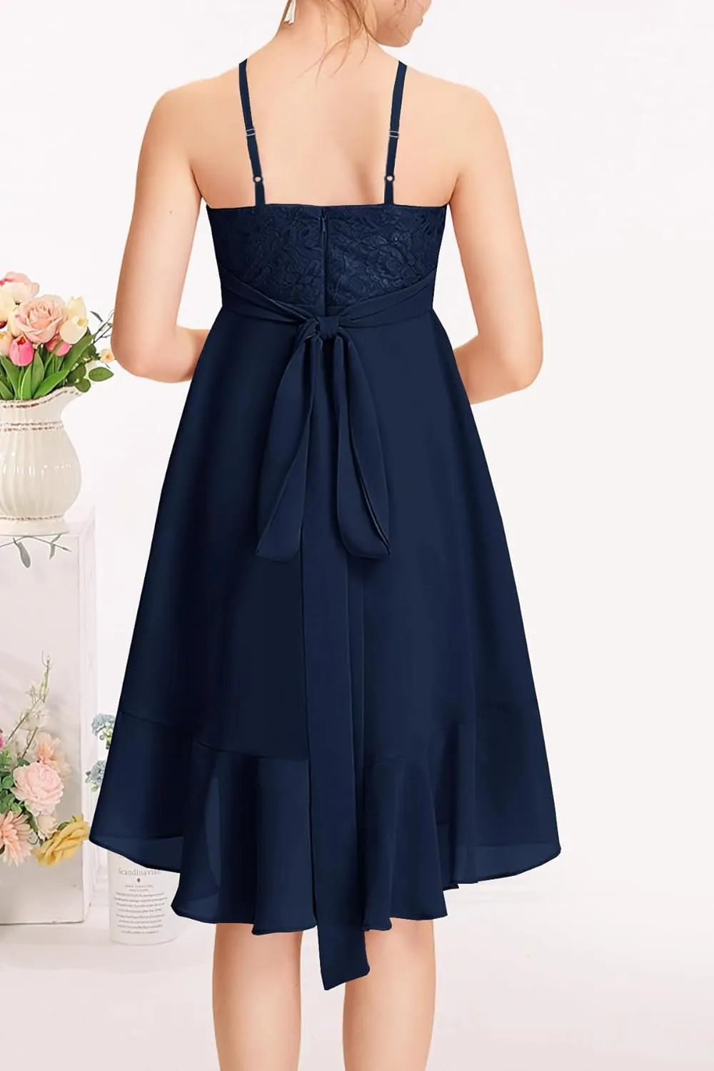 MITILLY Girls Lace Flower Ruffle Dress Chiffon Halter A Line High Low Flowy Junior Bridesmaid Dresses for Wedding Party