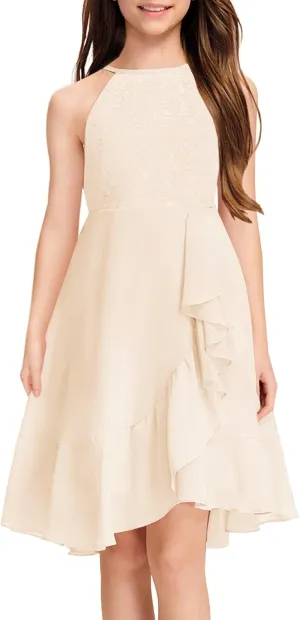 MITILLY Girls Lace Flower Ruffle Dress Chiffon Halter A Line High Low Flowy Junior Bridesmaid Dresses for Wedding Party