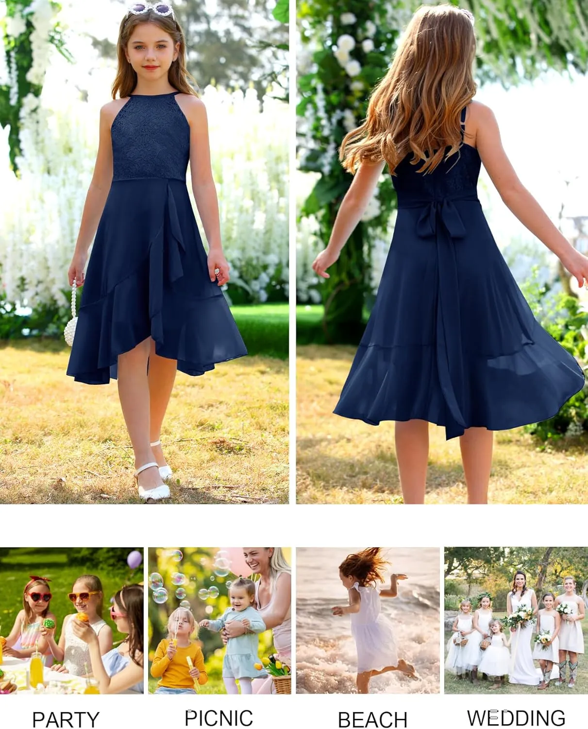 MITILLY Girls Lace Flower Ruffle Dress Chiffon Halter A Line High Low Flowy Junior Bridesmaid Dresses for Wedding Party