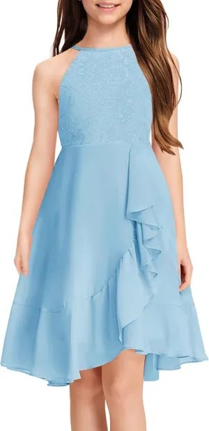 MITILLY Girls Lace Flower Ruffle Dress Chiffon Halter A Line High Low Flowy Junior Bridesmaid Dresses for Wedding Party