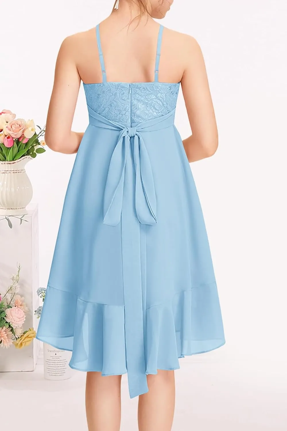 MITILLY Girls Lace Flower Ruffle Dress Chiffon Halter A Line High Low Flowy Junior Bridesmaid Dresses for Wedding Party