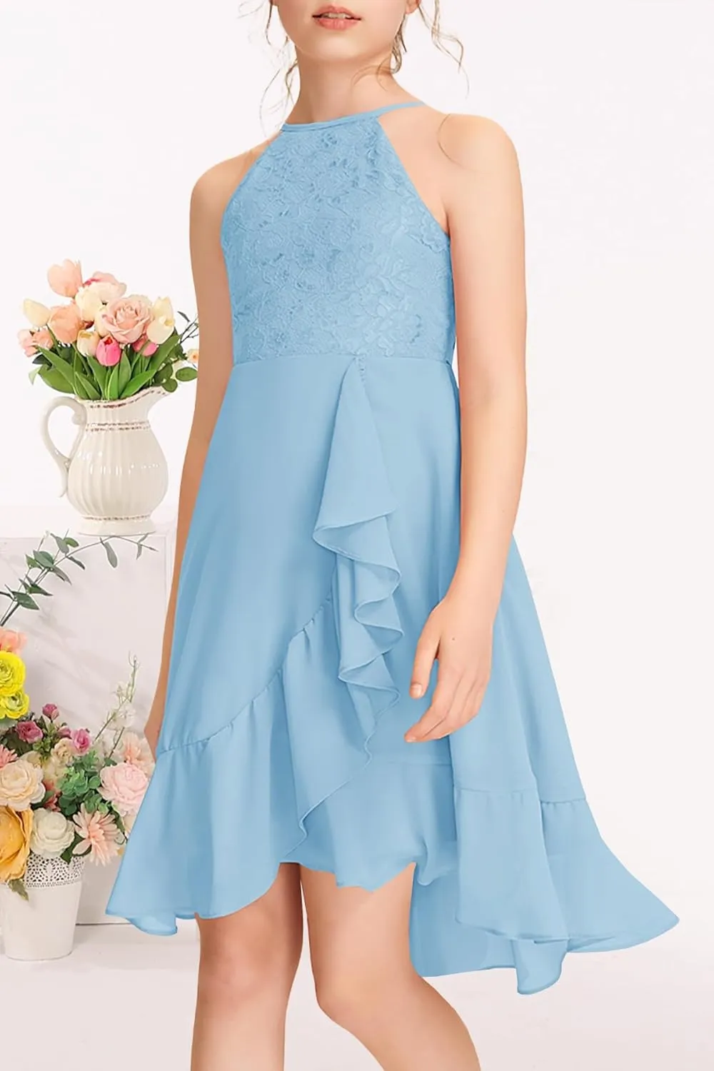 MITILLY Girls Lace Flower Ruffle Dress Chiffon Halter A Line High Low Flowy Junior Bridesmaid Dresses for Wedding Party