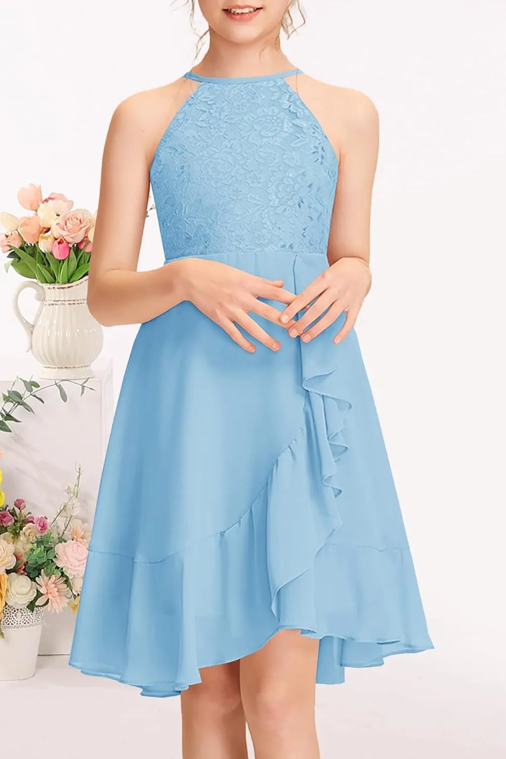 MITILLY Girls Lace Flower Ruffle Dress Chiffon Halter A Line High Low Flowy Junior Bridesmaid Dresses for Wedding Party