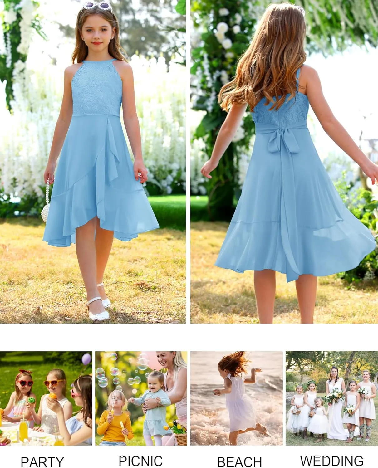MITILLY Girls Lace Flower Ruffle Dress Chiffon Halter A Line High Low Flowy Junior Bridesmaid Dresses for Wedding Party