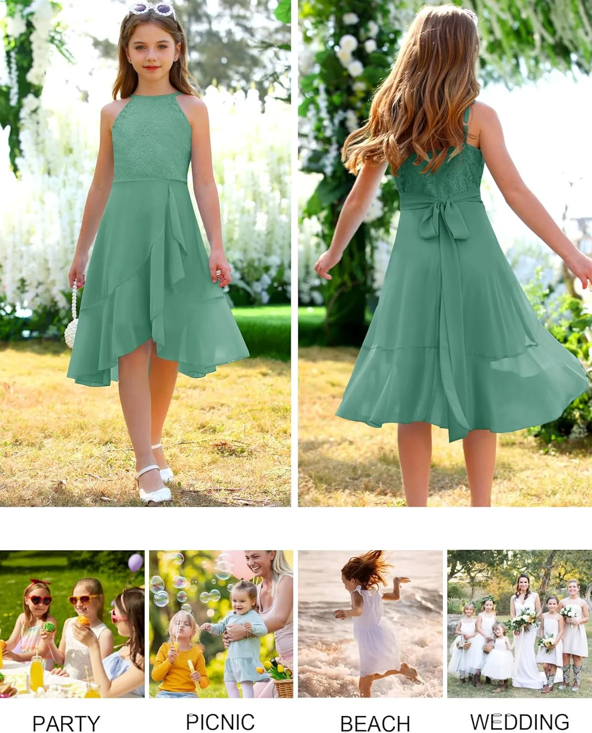 MITILLY Girls Lace Flower Ruffle Dress Chiffon Halter A Line High Low Flowy Junior Bridesmaid Dresses for Wedding Party