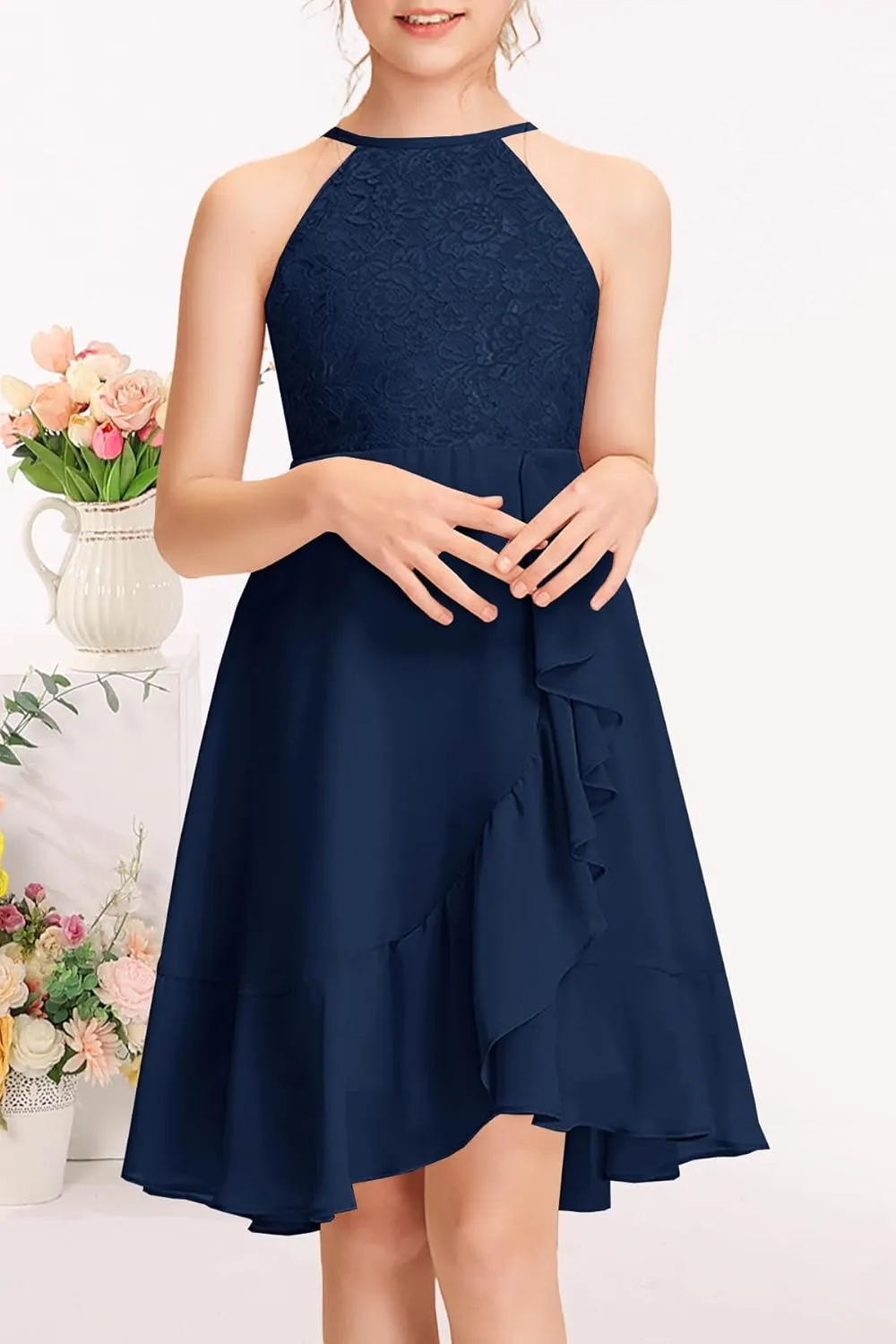 MITILLY Girls Lace Flower Ruffle Dress Chiffon Halter A Line High Low Flowy Junior Bridesmaid Dresses for Wedding Party