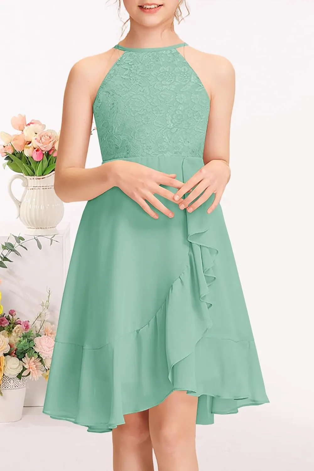 MITILLY Girls Lace Flower Ruffle Dress Chiffon Halter A Line High Low Flowy Junior Bridesmaid Dresses for Wedding Party