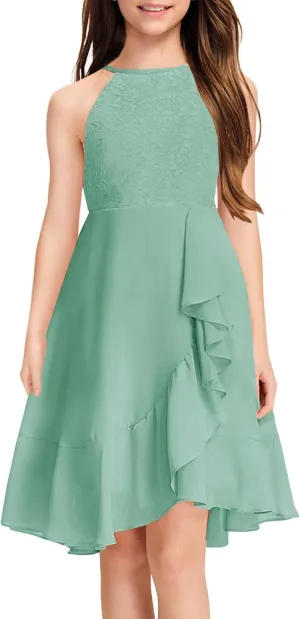 MITILLY Girls Lace Flower Ruffle Dress Chiffon Halter A Line High Low Flowy Junior Bridesmaid Dresses for Wedding Party
