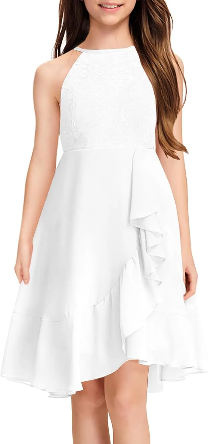 MITILLY Girls Lace Flower Ruffle Dress Chiffon Halter A Line High Low Flowy Junior Bridesmaid Dresses for Wedding Party