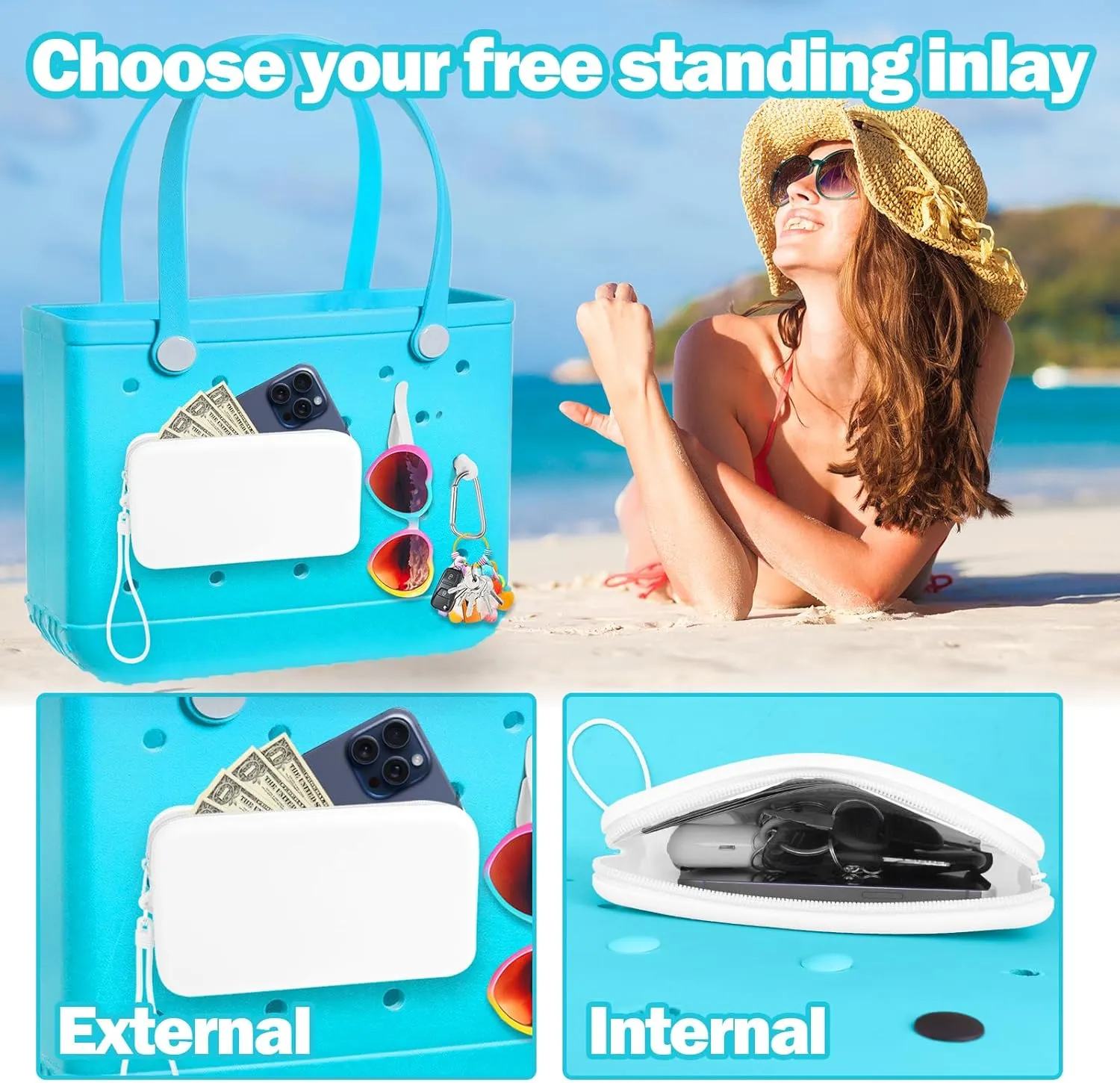 Mity rain Silicone Organizer for Bogg Bag Phone Holder, Accessories Set for Bogg Bag Contain 2PCS Key Holder and a Large Capacity Silicone Zipper Bag for Beach Bags Tote Bag (White)