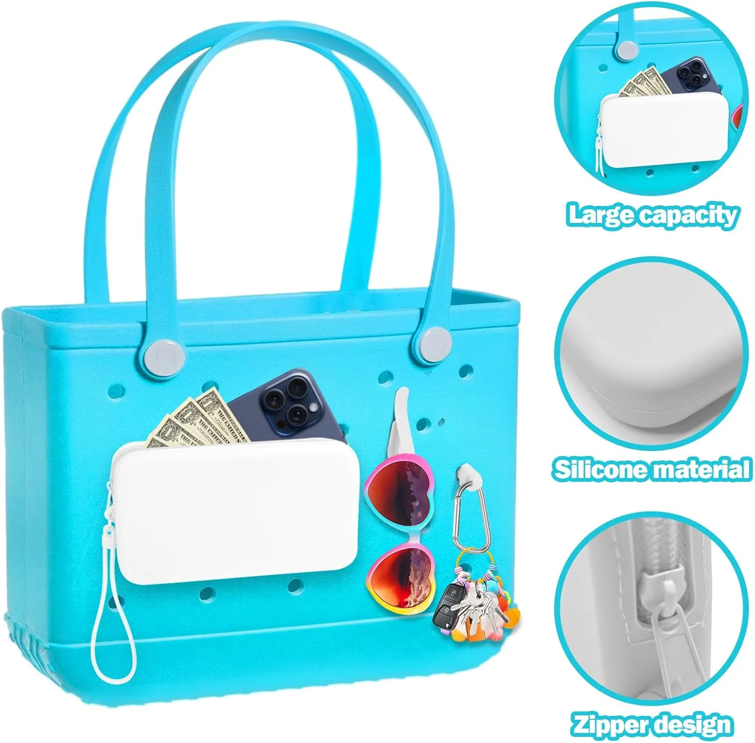 Mity rain Silicone Organizer for Bogg Bag Phone Holder, Accessories Set for Bogg Bag Contain 2PCS Key Holder and a Large Capacity Silicone Zipper Bag for Beach Bags Tote Bag (White)
