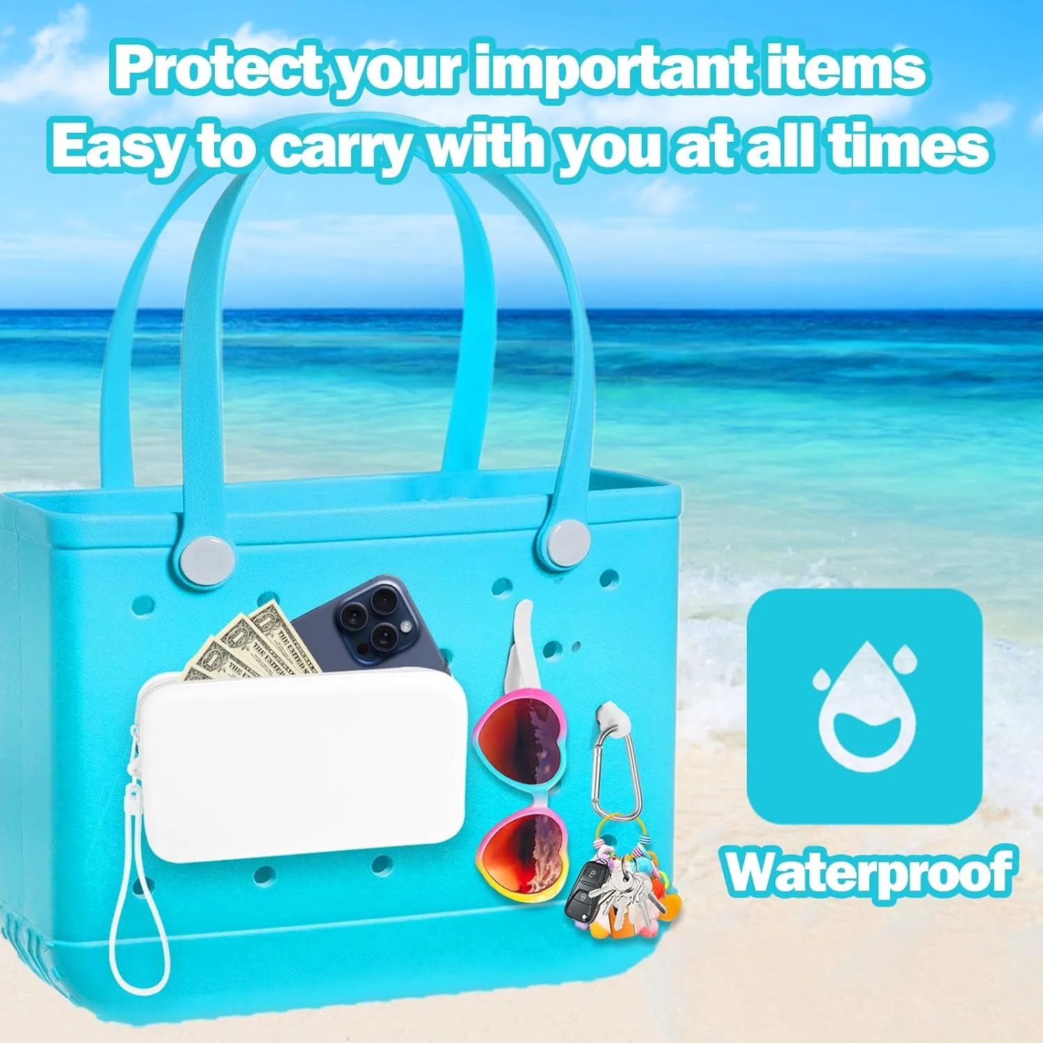 Mity rain Silicone Organizer for Bogg Bag Phone Holder, Accessories Set for Bogg Bag Contain 2PCS Key Holder and a Large Capacity Silicone Zipper Bag for Beach Bags Tote Bag (White)