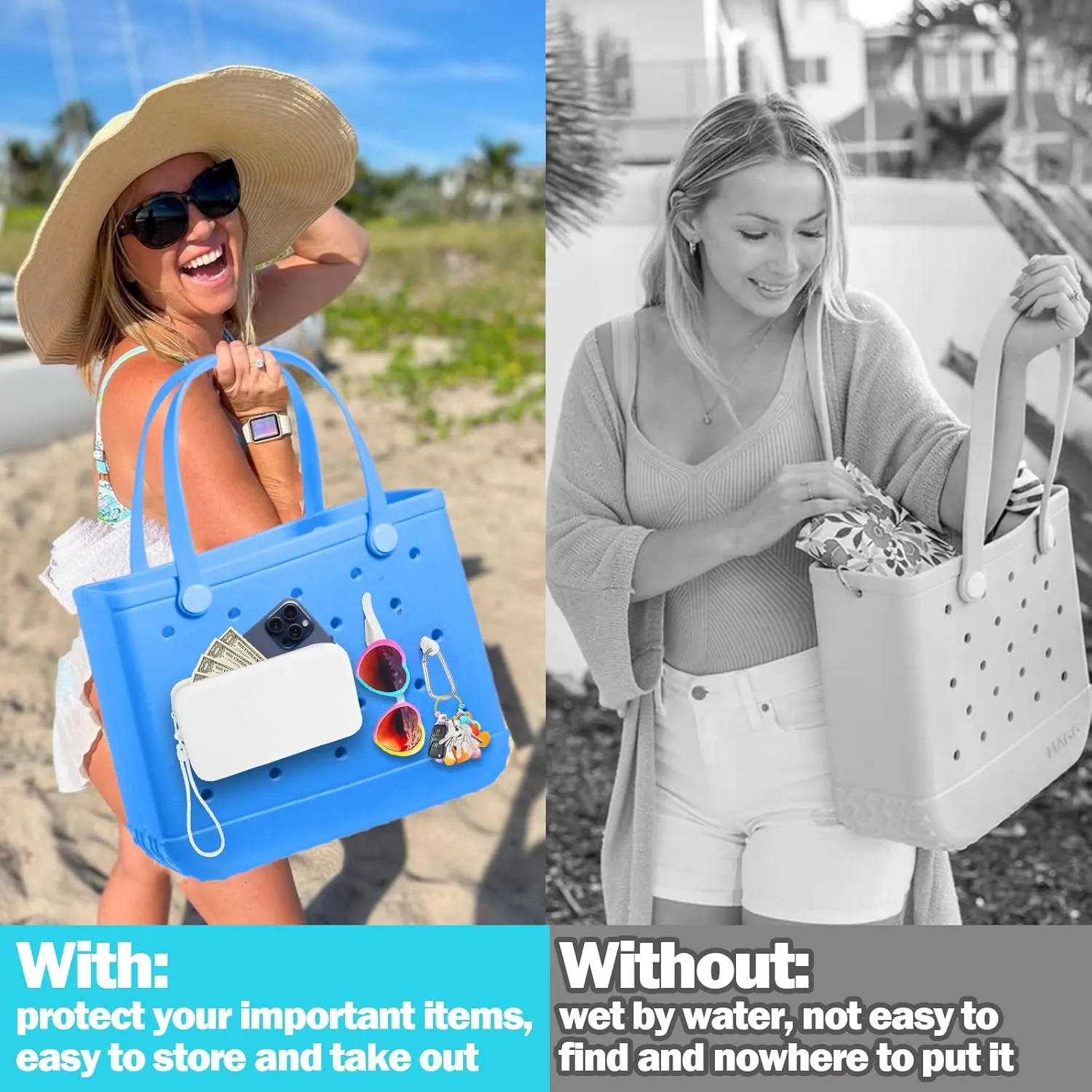 Mity rain Silicone Organizer for Bogg Bag Phone Holder, Accessories Set for Bogg Bag Contain 2PCS Key Holder and a Large Capacity Silicone Zipper Bag for Beach Bags Tote Bag (White)