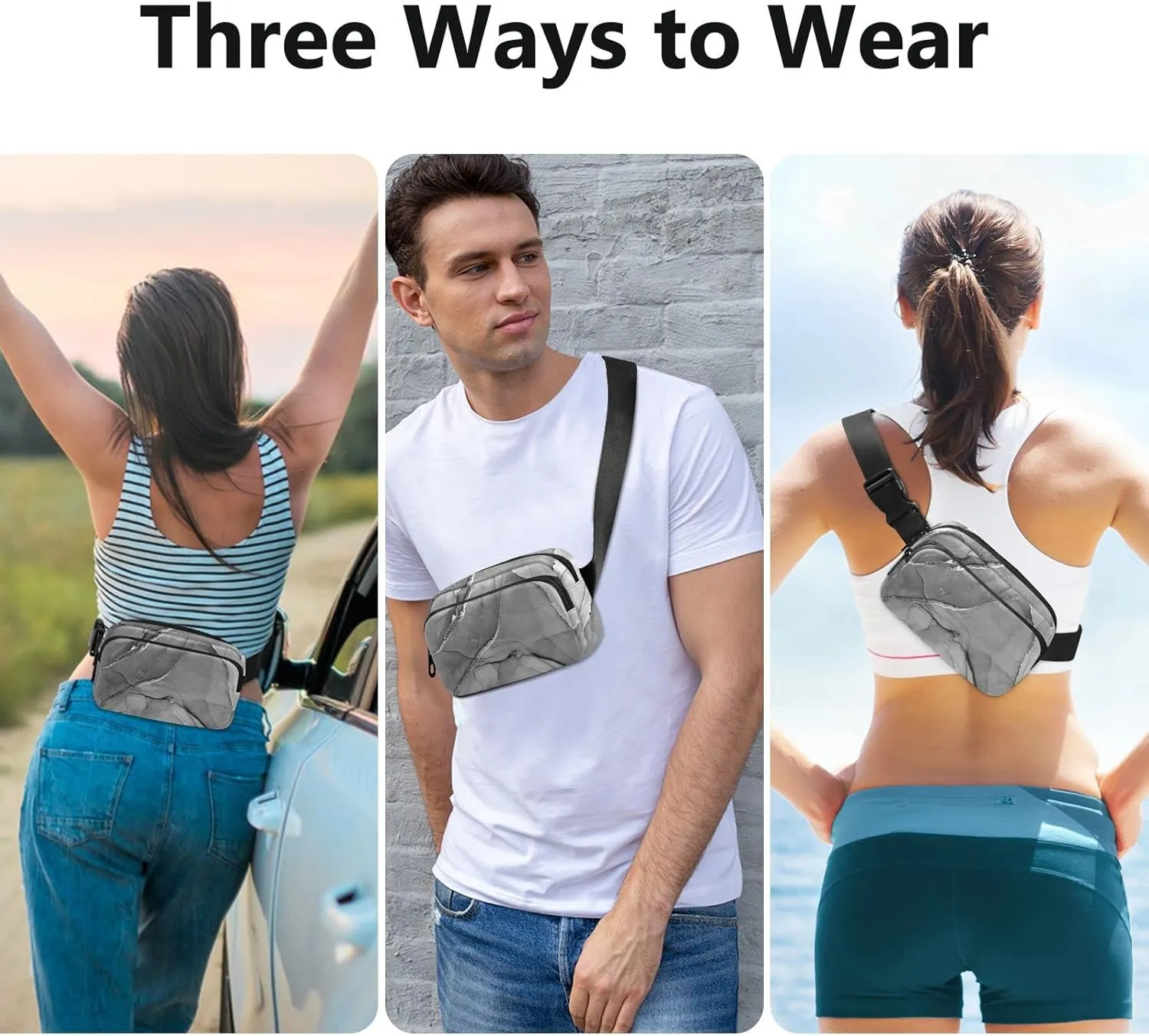 Mixing Acrylic Paints Grey Marble Texture Modern Art Adjustable Belt Running Bag, Crossbody Fanny Pack Waist Runners Bag Tote for Women Men Sports Hiking Fitness Exercise Gym Pouch