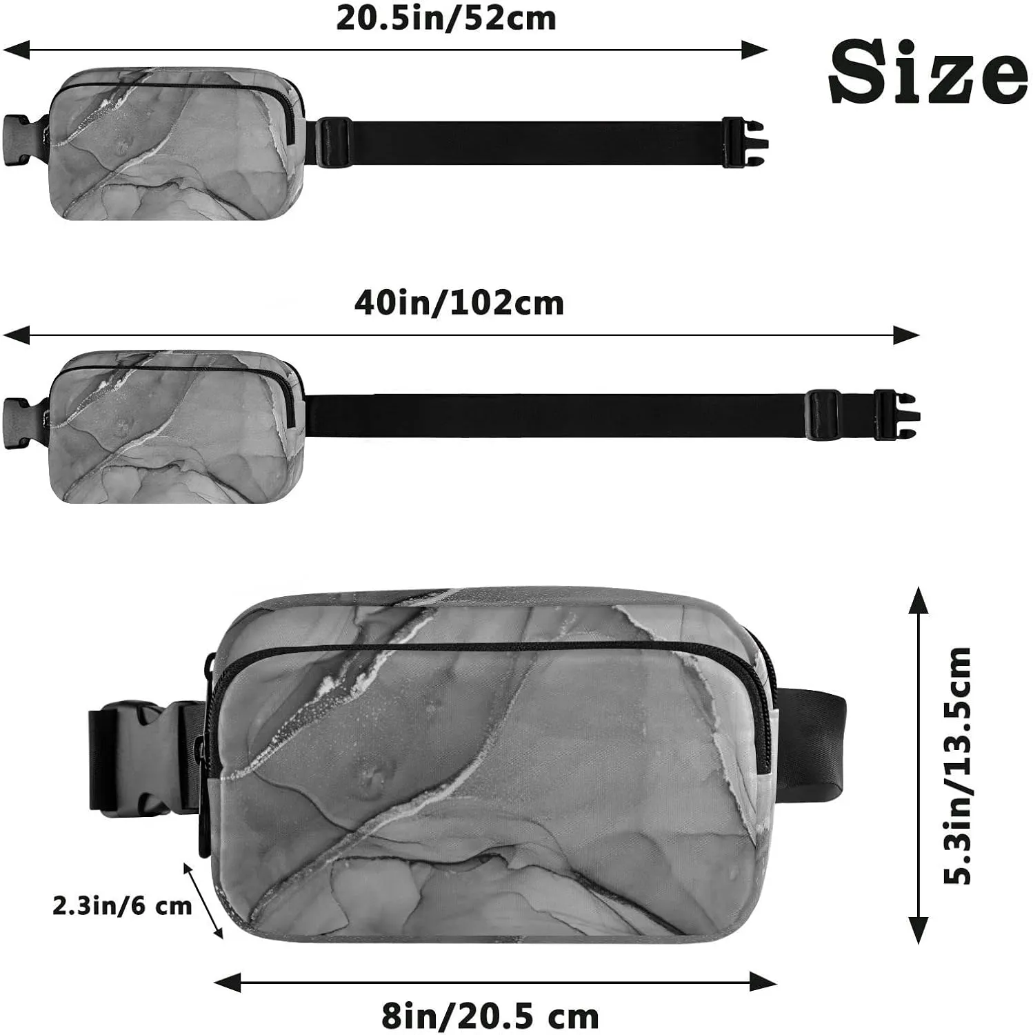 Mixing Acrylic Paints Grey Marble Texture Modern Art Adjustable Belt Running Bag, Crossbody Fanny Pack Waist Runners Bag Tote for Women Men Sports Hiking Fitness Exercise Gym Pouch
