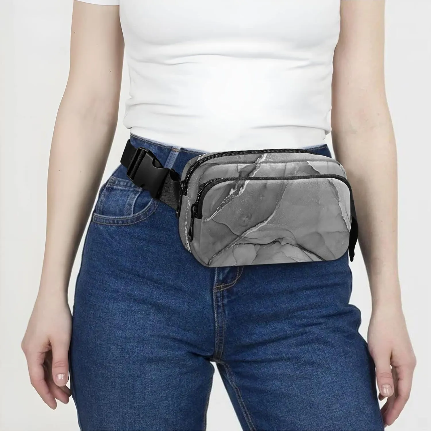 Mixing Acrylic Paints Grey Marble Texture Modern Art Adjustable Belt Running Bag, Crossbody Fanny Pack Waist Runners Bag Tote for Women Men Sports Hiking Fitness Exercise Gym Pouch