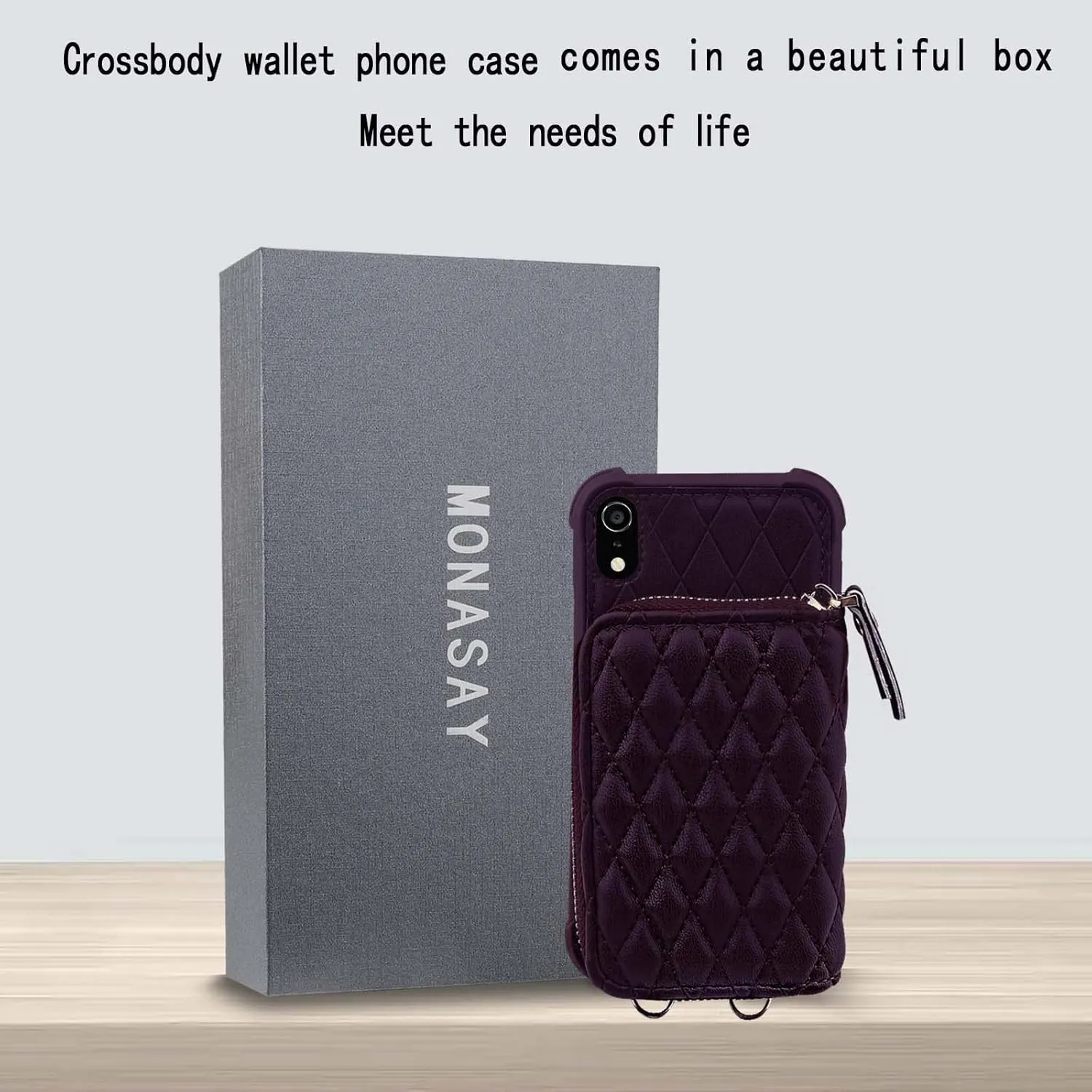 MONASAY Zipper Wallet Case for iPhone XR,[Glass Screen Protector ][RFID Blocking] Flip Leather Handbag Phone Cover with Card Holder and Detachable Crossbody Shoulder Lanyard Strap, Purple