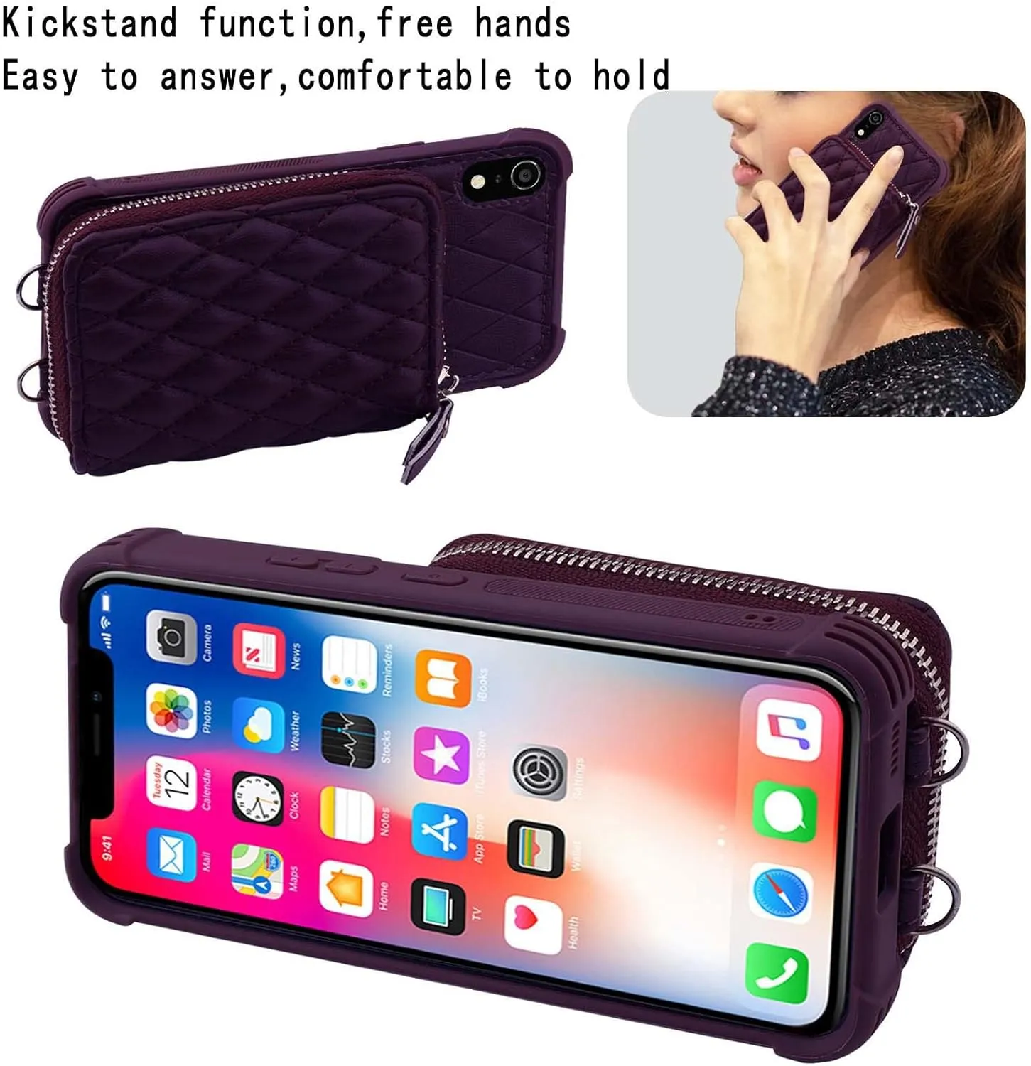 MONASAY Zipper Wallet Case for iPhone XR,[Glass Screen Protector ][RFID Blocking] Flip Leather Handbag Phone Cover with Card Holder and Detachable Crossbody Shoulder Lanyard Strap, Purple