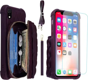 MONASAY Zipper Wallet Case for iPhone XR,[Glass Screen Protector ][RFID Blocking] Flip Leather Handbag Phone Cover with Card Holder and Detachable Crossbody Shoulder Lanyard Strap, Purple