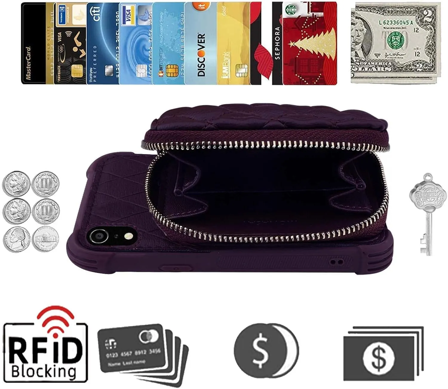 MONASAY Zipper Wallet Case for iPhone XR,[Glass Screen Protector ][RFID Blocking] Flip Leather Handbag Phone Cover with Card Holder and Detachable Crossbody Shoulder Lanyard Strap, Purple
