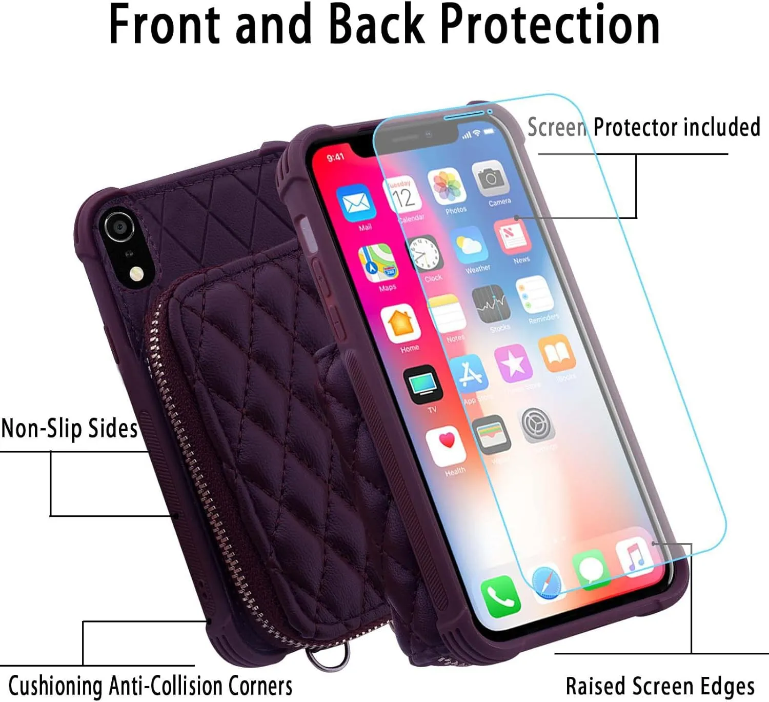 MONASAY Zipper Wallet Case for iPhone XR,[Glass Screen Protector ][RFID Blocking] Flip Leather Handbag Phone Cover with Card Holder and Detachable Crossbody Shoulder Lanyard Strap, Purple