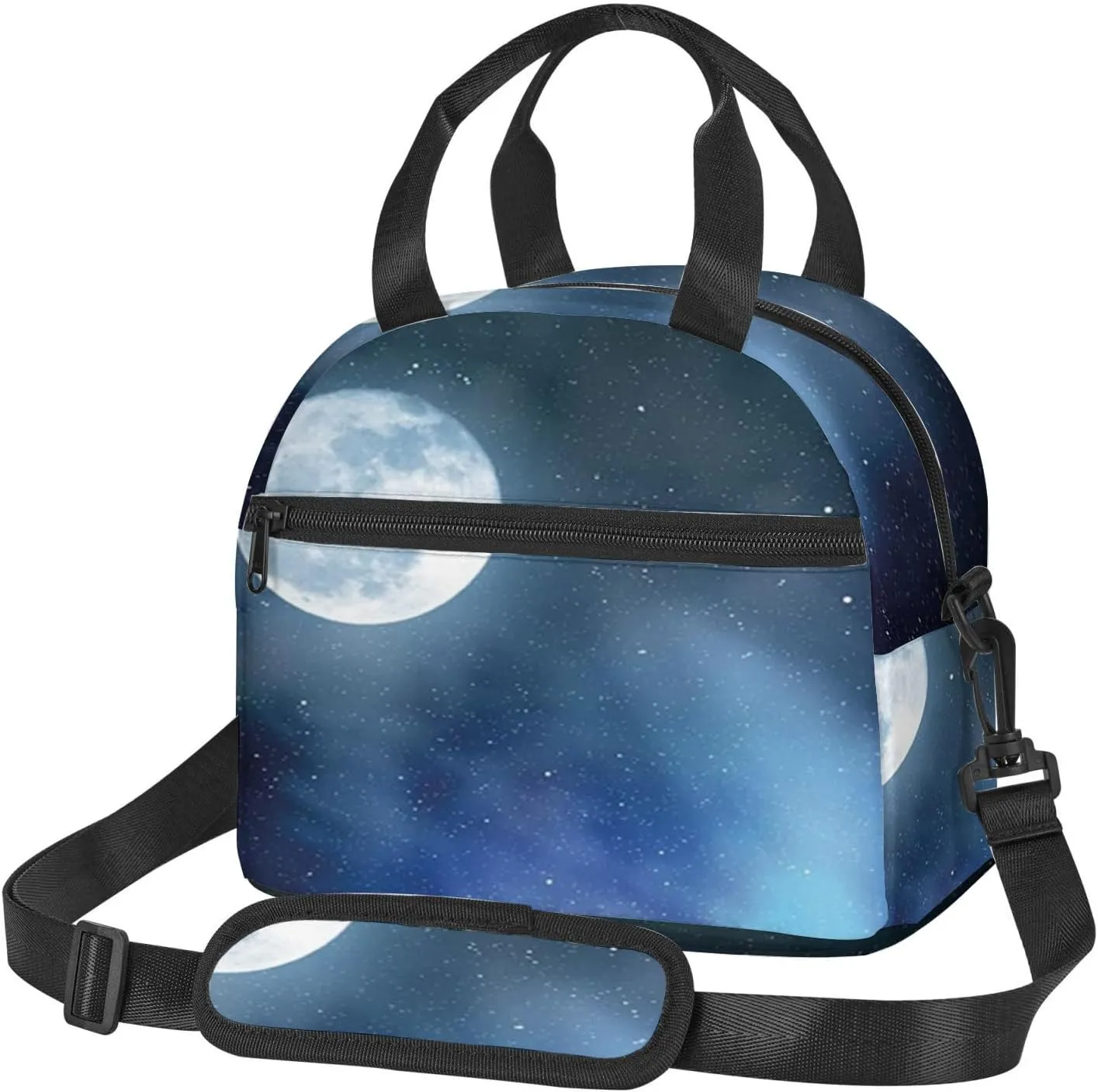 Moon Print,Insulated Reusable Lunch Bag with Adjustable Shoulder Strap for Adults,Night Sky with Stars Full Moon,Leakproof Office Picnic Hiking Beach Tote Bag,Black Blue White,9x5x7.8in