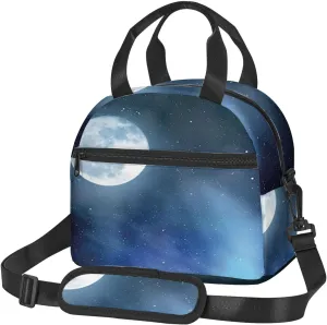Moon Print,Insulated Reusable Lunch Bag with Adjustable Shoulder Strap for Adults,Night Sky with Stars Full Moon,Leakproof Office Picnic Hiking Beach Tote Bag,Black Blue White,9x5x7.8in