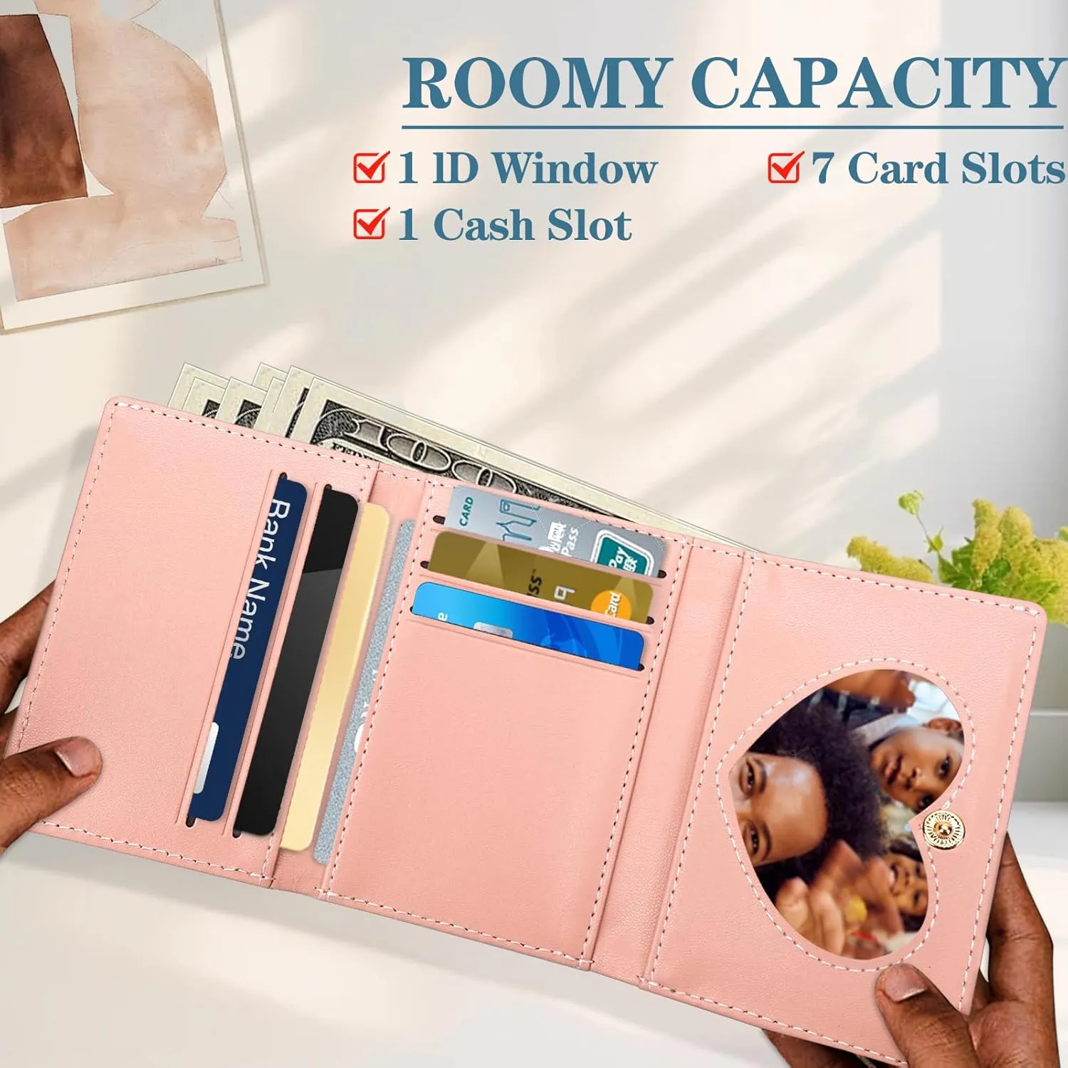 Mothers Day Gifts for Teen Girls & Women - Tri-Fold Initial Wallet with 7 Card Slots, Heart ID Window, Preppy Trendy Travel Accessories for Kids 8-10 (Pink)