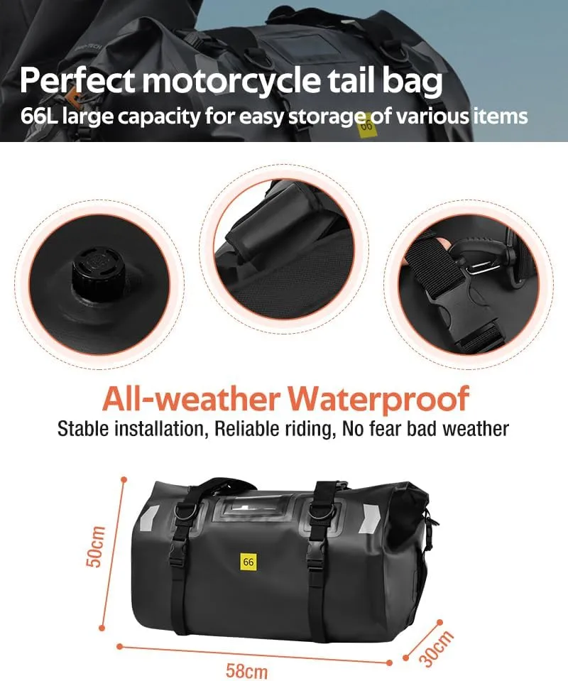 Motorcycle Tail Bag - 66L Waterproof Duffel Bag for Touring Adventure, Camping, Cycling