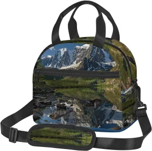 Mountain Range Pattern,Insulated Reusable Lunch Bag with Adjustable Shoulder Strap for Adults,Snowy Alps Peaks with Lake Spring Scene,Office Picnic Hiking Beach Tote Bag,Green White,9x5x7.8in