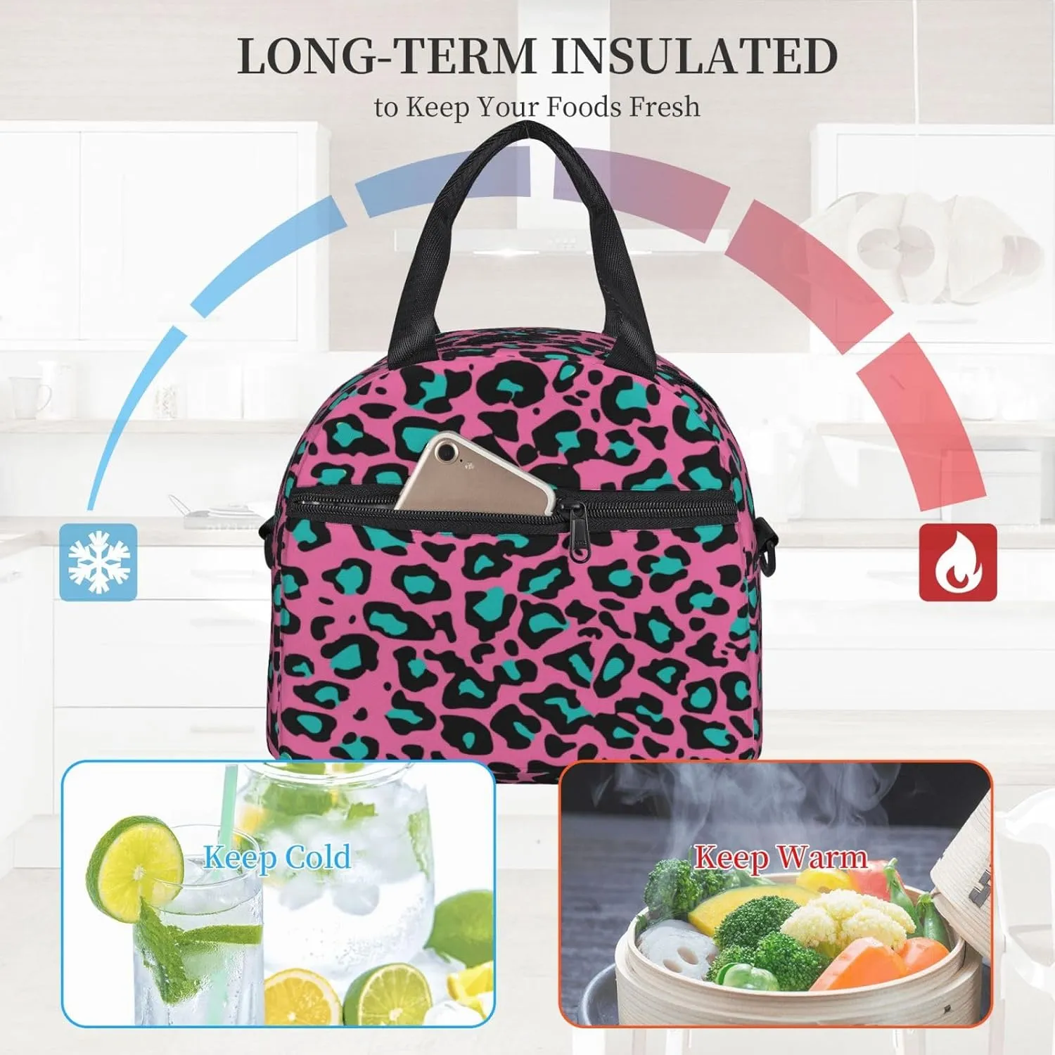 Mountain Range Pattern,Insulated Reusable Lunch Bag with Adjustable Shoulder Strap for Adults,Snowy Alps Peaks with Lake Spring Scene,Office Picnic Hiking Beach Tote Bag,Green White,9x5x7.8in
