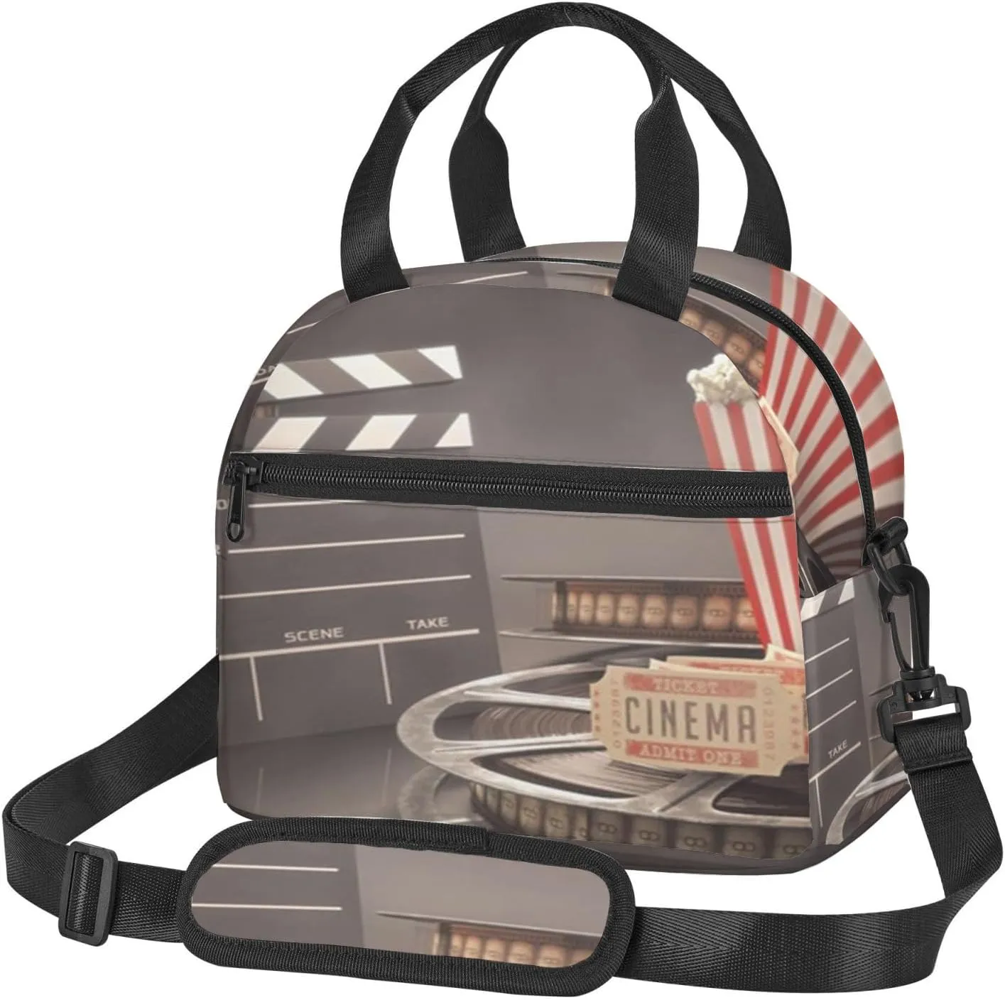 Movie Theater Theme,Insulated Reusable Lunch Bag Adult Large Lunch Box for Women and Men,Cinema Reel Motion Picture,Adjustable Shoulder Strap,Front Zipper Pocket,Multicolor