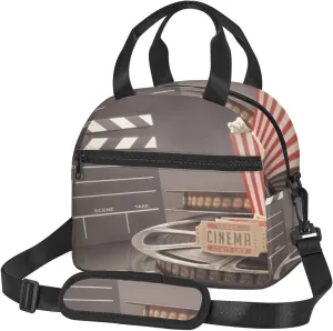 Movie Theater Theme,Insulated Reusable Lunch Bag Adult Large Lunch Box for Women and Men,Cinema Reel Motion Picture,Adjustable Shoulder Strap,Front Zipper Pocket,Multicolor