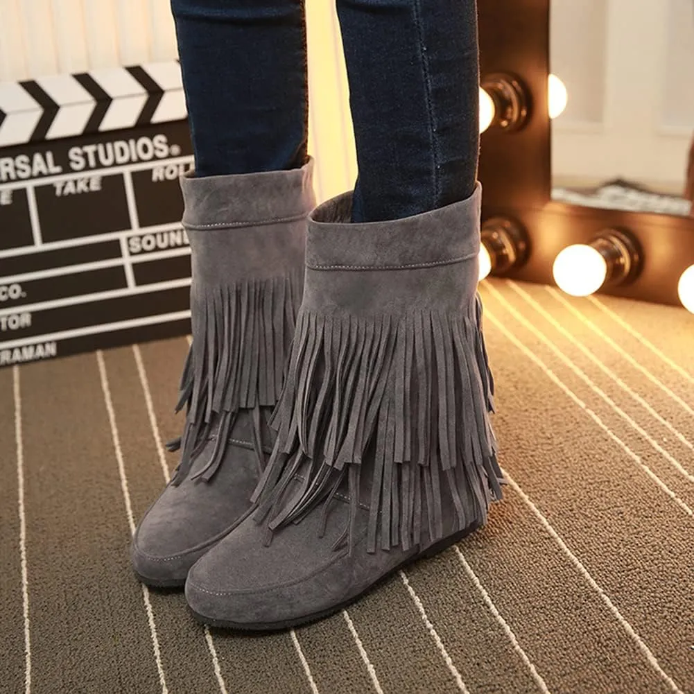 MRKEWUNEY Casual Womens Tassel Booties Low Heel Moccasin Boots