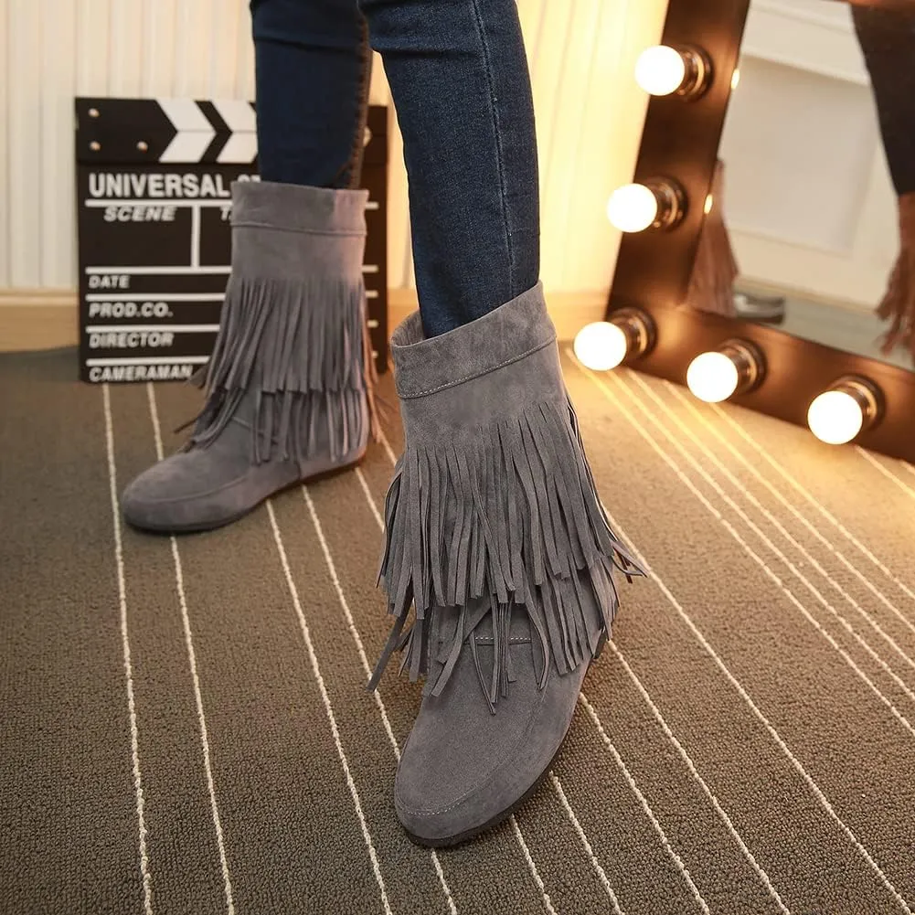 MRKEWUNEY Casual Womens Tassel Booties Low Heel Moccasin Boots