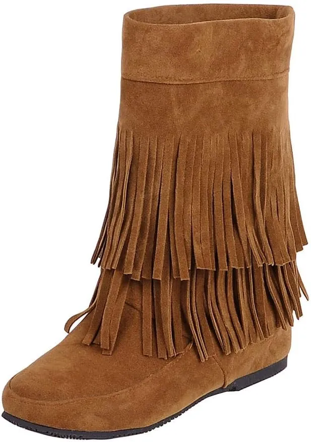 MRKEWUNEY Casual Womens Tassel Booties Low Heel Moccasin Boots